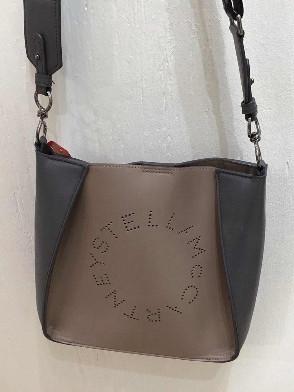 Stella McCartney Taupe & Charcoal Perforated Logo Bucket Crossbody